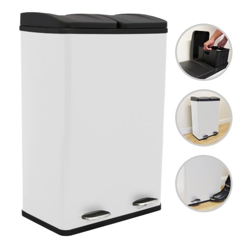 Recycling Pedal Bin Double Compartments Large 60L Rubbish Capacity Heavy-duty Metal Dustbin In White Kitchen Waste Garbage Dual Trash Can Eco