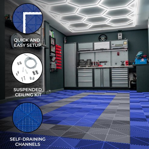 Vented Modular Interlocking Flooring Tiles 90 Blue & 30 Grey With Edges & Hexagon LED Lighting 14 White Lights & Border 6500K 3 Mount Options & Suspended Ceiling Kit Single Garage Floor Mat 3.2m x 6m