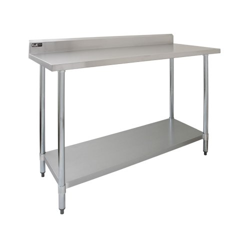 4FT Kitchen Work Bench Catering Table Commercial Stainless Steel Food Prep Surface Restaurant Storage Shelf 250kg Weight Capacity Adjustable Height 10cm Backsplash Upstand 2 x FREE Microfibre Cloths