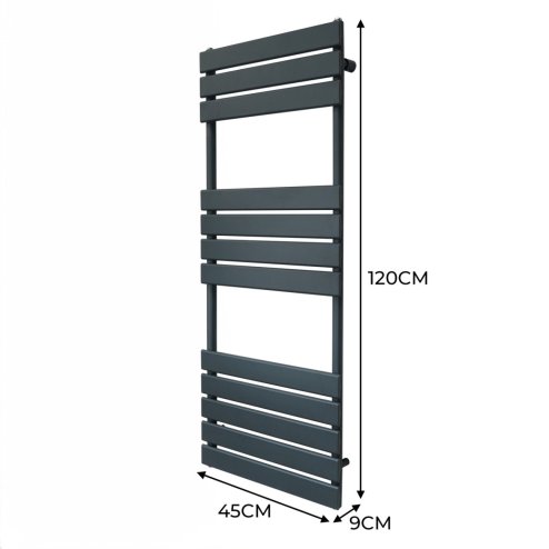 Vertical Towel Radiator Designer Flat Panel 1200mm x 450mm Bathroom Heated Rail Matt Anthracite Grey Central Heating Ladder Heater Wall Mounted Carbon Steel FREE Cleaning Brush Fixing Kit & Brackets