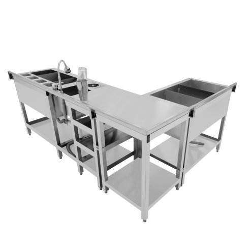 Deluxe Cocktail Bar Station Ice Well & Modular Corner Unit Stainless Steel Sink Mixer Tap Speed Rail Shelves Drink Refresher Gastro Pots Removable Dividers Splashback 2 Connector Brackets & Shaker