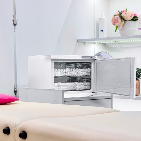 Hot Towel Warmer White 23L Cabinet Heater UV Steriliser Disinfection Facial Salon Beauty Spa Gym Bathroom Home Equipment Stainless Steel Electric 2 Removable Shelves Drip Tray 200W 2 x FREE Tongs