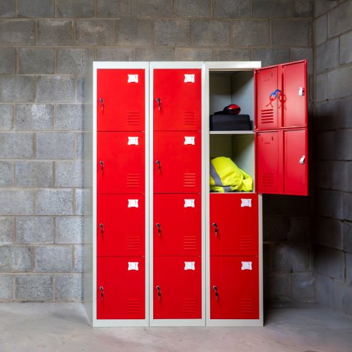 MonsterShop Metal Lockers 4 Door Storage Cupboard Red & Grey Assembled Metal Lockable Unit Filing Cabinet School Staff Gym Changing