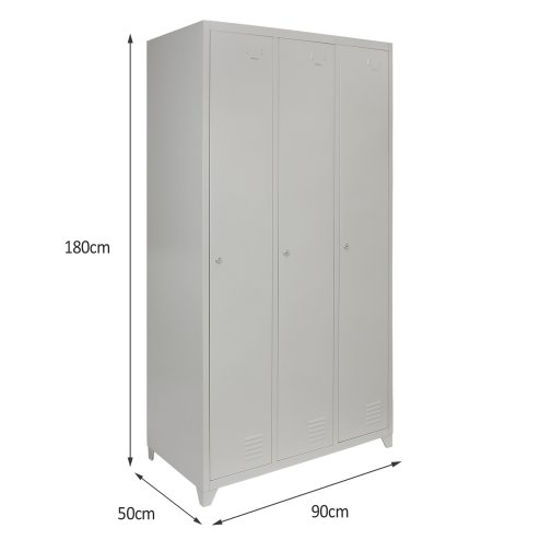 MonsterShop 3 Door Steel Storage Lockers, Grey Metal Lockable Unit, School Staff Gym Changing