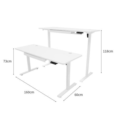 Electric Standing Desk 160cm x 60cm White Height Adjustable Ergonomic Sit to Stand Computer Workstation Built In Drawer USB A & C Charging Cable Holes & Tray Bag Hook Office Table Memory Smart Panel