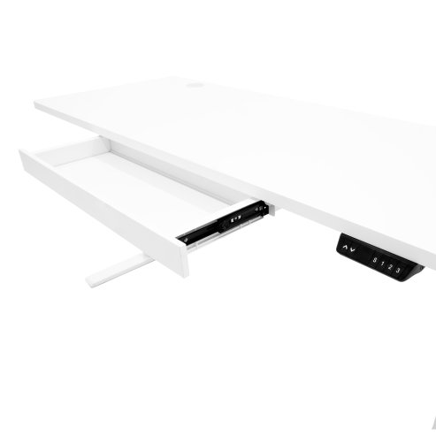 Electric Standing Desk 160cm x 60cm White Height Adjustable Ergonomic Sit to Stand Computer Workstation Built In Drawer USB A & C Charging Cable Holes & Tray Bag Hook Office Table Memory Smart Panel