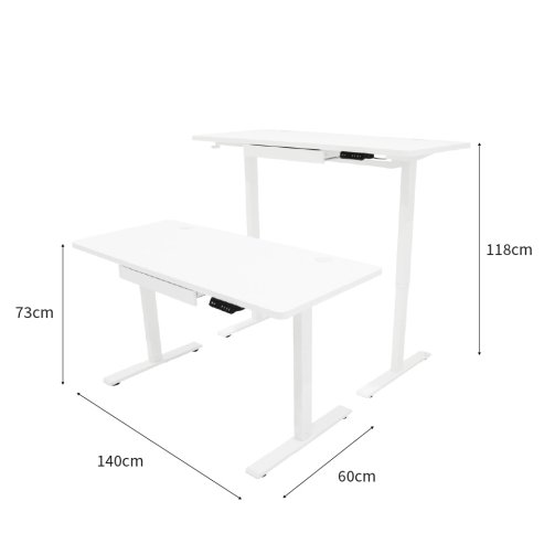 Electric Standing Desk 140cm x 60cm White Height Adjustable Ergonomic Sit to Stand Computer Workstation Built In Drawer USB A & C Charging Cable Holes & Tray Bag Hook Office Table Memory Smart Panel