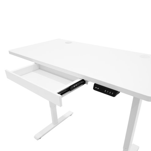 Electric Standing Desk 140cm x 60cm White Height Adjustable Ergonomic Sit to Stand Computer Workstation Built In Drawer USB A & C Charging Cable Holes & Tray Bag Hook Office Table Memory Smart Panel