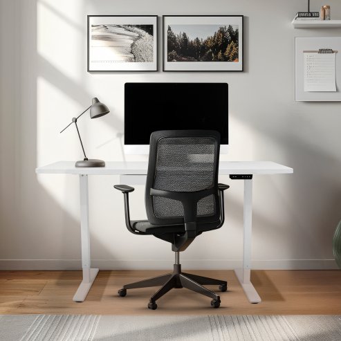 Electric Standing Desk 140cm x 60cm White Height Adjustable Ergonomic Sit to Stand Computer Workstation Built In Drawer USB A & C Charging Cable Holes & Tray Bag Hook Office Table Memory Smart Panel