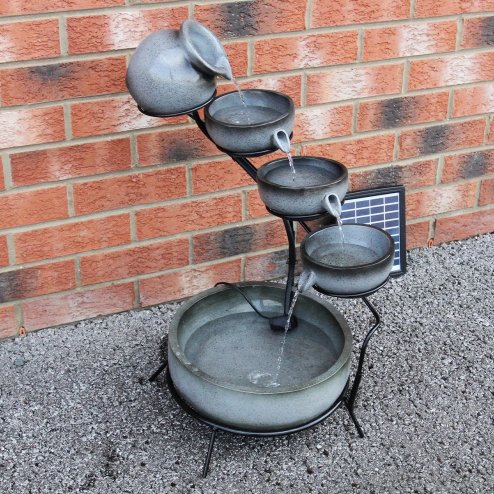 Water Feature Garden Fountain Solar Powered Outdoor Garden Cascade Ornament D̩cor Patio Resin Grey Freestanding Cascading 4 Tier Spilling Bowls