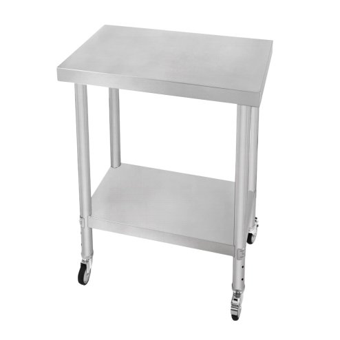 Catering Work Bench Table Stainless Steel Food Prep Kitchen Mobile 4 x Castor Wheels With 2 Brakes & 4 Adaptable Feet Adjustable Lower Shelf 3 Positions 160kg Load Capacity 60cm x 45cm x 86cm