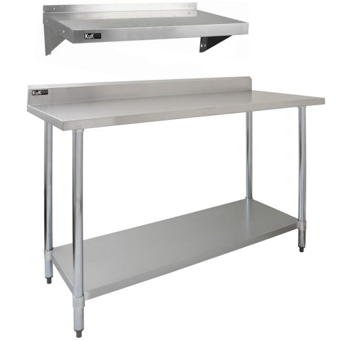 5ft Stainless Steel Catering Bench & 2 Wall Mounted Shelves Commercial Kitchen Work Prep Table Worktop Backsplash 2 Tier Adjustable Heavy Duty Corrosion Resistant FREE Microfibre Cloths & Fixing Kit