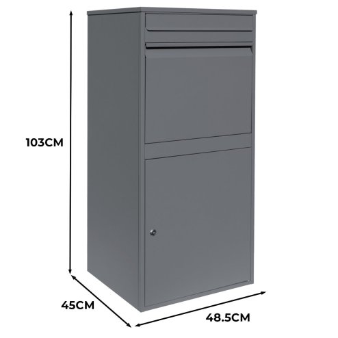 Parcel Post Drop Box XL Grey Steel Outdoor Lockable 2 Keys Letter Mail Package Courier Container Delivery Storage Wall Mount Safe Secure Anti Fishing Scannable Barcode Screwdriver Fixing Kit