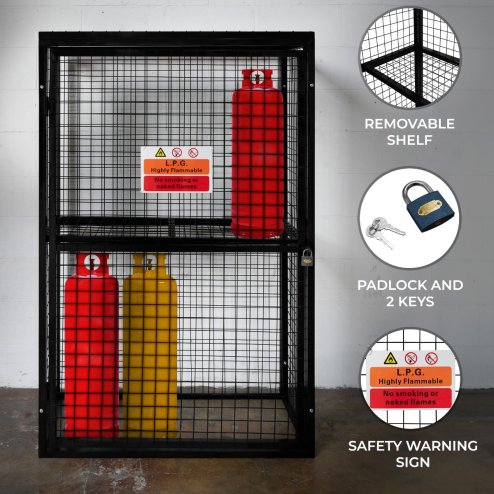 Gas Bottle Cage 184 x 116 x 57cm Collapsible Mesh Secure Cylinder Storage Galvanised Steel 3mm Wire Thickness 6 x 19kg / 2 x 47kg Propane Bottles Removable Shelf FREE Warning Sign, Padlock & 2 Keys