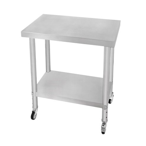Catering Work Bench Table Stainless Steel Food Prep Kitchen Mobile 4 x Castor Wheels With 2 Brakes & 4 Adaptable Feet Adjustable Lower Shelf 3 Positions 160kg Load Capacity 76cm x 45cm x 86cm