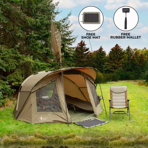 2 Man Fishing Bivvy Tent Carp Fishing Green Dome Overnight Shelter Angler Camping Waterproof Tackle Brolly System Pram Hood PVC Window Groundsheet FREE Shoe Mat Carry Bag Pegs & Mallet Included