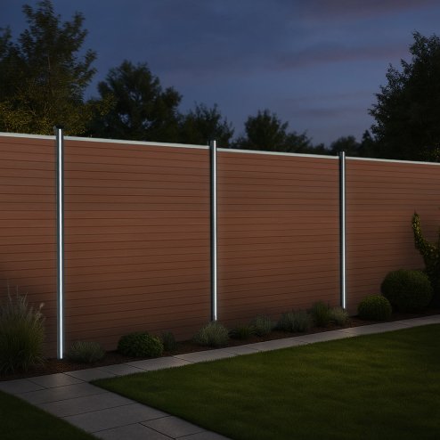 Composite Fence Panels, Angled Piece & LED Posts 6ft x 60ft - Brown