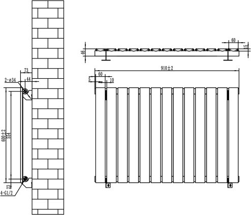 Flat Single Column Radiator & Valves - 600mm x 910mm - Anthracite Grey
