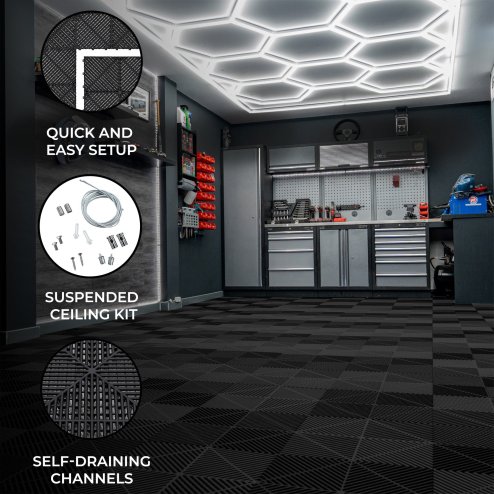 Vented Modular Interlocking Flooring Tiles x 225 Black With Edges & Hexagon LED Lighting 28 White Lights & Border 6500K 3 Mount Options & Suspended Ceiling Kit Single Garage Floor Mat 6m x 6m 36m2