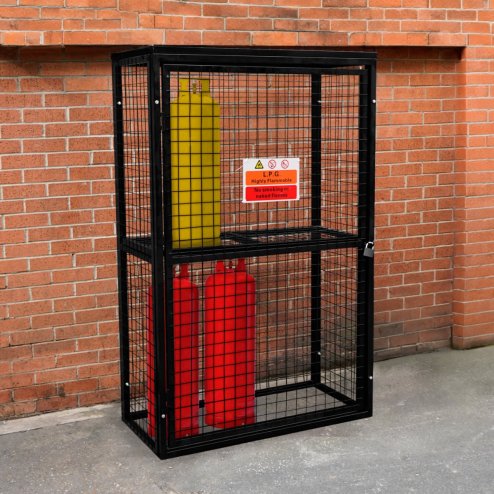 Gas Bottle Cage 184 x 116 x 57cm Collapsible Mesh Secure Cylinder Storage Galvanised Steel 3mm Wire Thickness 6 x 19kg / 2 x 47kg Propane Bottles Removable Shelf FREE Warning Sign, Padlock & 2 Keys