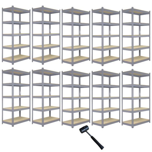 10 x Grey Racking Bay Unit 5 Tier Heavy Duty Steel Metal 200kg capacity Per Shelf Garage Shelves Storage Warehouse Shed Workshop Boltless Shelving 90 x 50 x 180cm Free Rubber Mallet