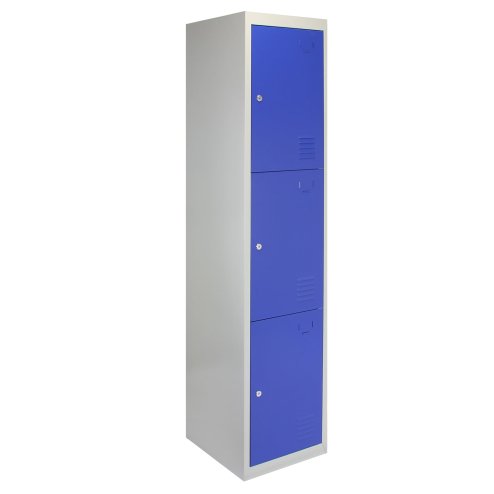 MonsterShop 3 Door Metal Storage Lockers, Blue & Grey Steel Lockable Unit, Gym Changing School Staff