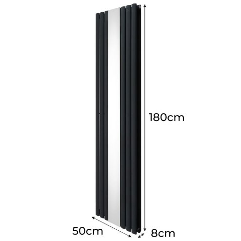 Oval Panel Radiator With Mirror 1800mm x 500mm & TRV Chrome Valves Designer Double Column Vertical Anthracite Grey Carbon Steel Wall Mounted Kitchen Living Room Cleaning Brush Fixing Kit & Brackets
