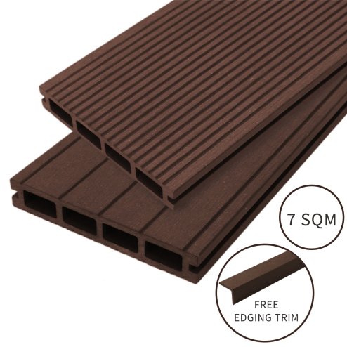Jardí Composite Decking Boards / 7 Square Metres Conker Brown / Wood Effect WPC Pack Garden Outdoor Patios Terrace Hot Tub Tiles (incl. Fixing Screws, Clips & Edging Strips)