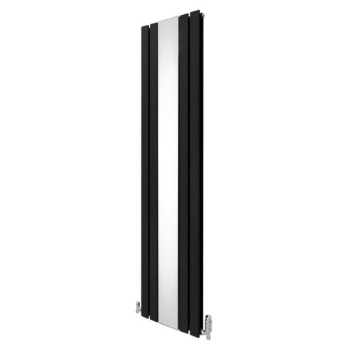 Flat Panel Radiator With Mirror 1800mm x 425mm & TRV Chrome Valves Designer Double Column Vertical Black Carbon Steel Wall Mounted Kitchen Living Room Cleaning Brush Fixing Kit & Brackets