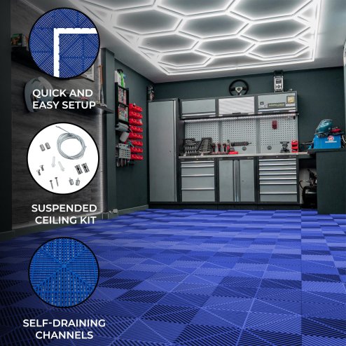Vented Modular Interlocking Flooring Tiles x 120 Blue With Edges & Hexagon LED Lighting 14 White Lights & Border 6500K 3 Mount Options & Suspended Ceiling Kit Single Garage Floor Mat 3.2m x 6m 19.2m2
