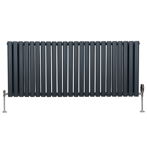 Oval Column Radiator 600mm x 1440mm & TRV Chrome Valves Designer Double Panel Central Heating Heater Anthracite Grey Steel Horizontal Kitchen Living Room FREE Cleaning Brush Fixing Kit & Brackets