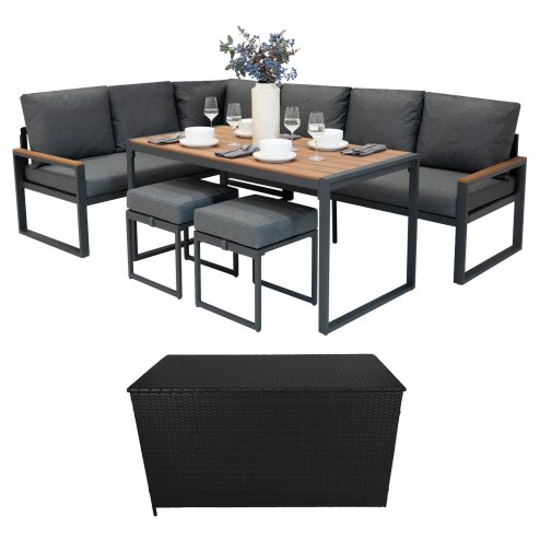Aluminium Corner Sofa Set With Black Rattan Storage Box - Wood Effect