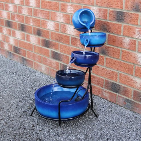 Water Feature Garden Fountain Solar Powered Outdoor Garden Cascade Ornament D̩cor Patio Resin Blue Freestanding Cascading 4 Tier Spilling Bowls