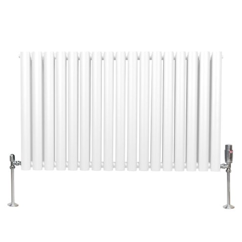 Oval Column Radiator 600mm x 1020mm & TRV Chrome Valves Modern Designer Double Panel Central Heating Heater White Steel Horizontal Kitchen Living Room FREE Cleaning Brush Fixing Kit & Brackets