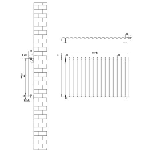 Oval Single Column Radiator & Valves - 600mm x 1020mm - Black