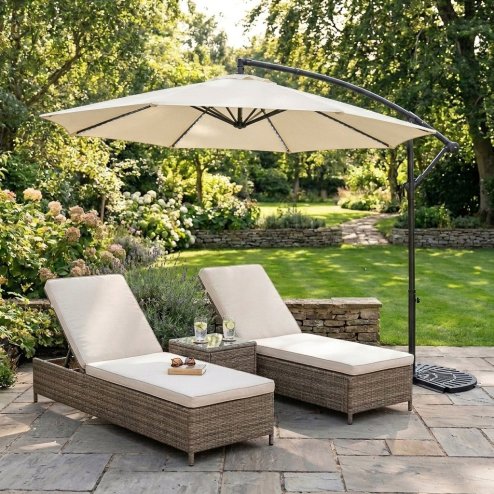 LED Cantilever Parasol 3m With Half Fan Base - Cream