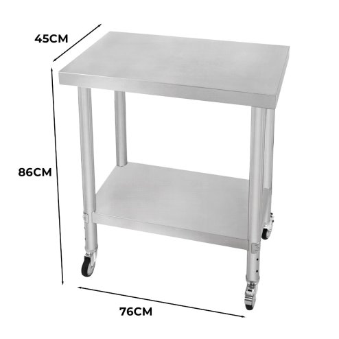 Catering Work Bench Table Stainless Steel Food Prep Kitchen Mobile 4 x Castor Wheels With 2 Brakes & 4 Adaptable Feet Adjustable Lower Shelf 3 Positions 160kg Load Capacity 76cm x 45cm x 86cm