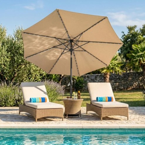 LED Tilt Parasol 2.7m With Tilt Base - Beige
