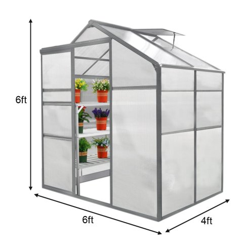 Greenhouse Polycarbonate, Clear, Aluminium Frame, Silver, Growhouse with Window & Sliding Door 6ft x 4ft