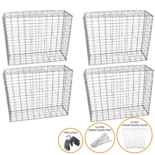 Gabion Baskets Cages Mesh Wire Galvanised Steel Outdoor Stone Basket Spiral Retaining Wall Planter Garden / 100 x 80 x 30cm / 4 Pack