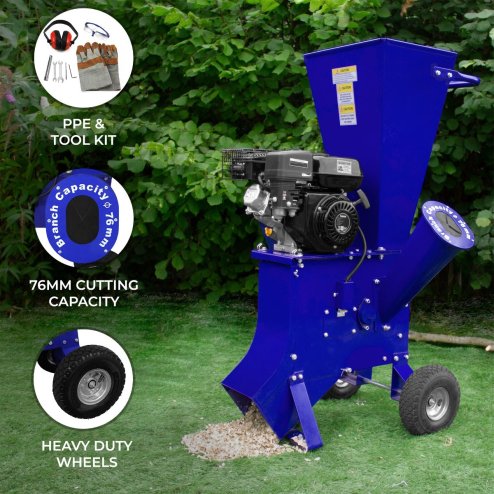 Petrol Wood Chipper 7HP Garden Shredder Mulcher Heavy Duty 4 Stroke Tree Timber Brush Branch Chipping Shredding 76mm Cutting Capacity 3600RPM Blade Speed Compact Portable Wheels FREE PPE & Tool Kit
