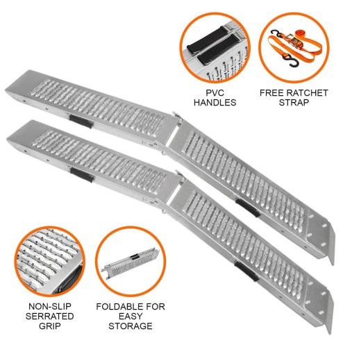 Ramps Foldable Loading Motorbike Motorcycle Folding Van Steel Trailer Heavy Duty ATV Portable Truck Track Day 200Kg Capacity Quad Bike Car Lawn Mower Scooter Non-Slip Silver| Free Ratchet Strap
