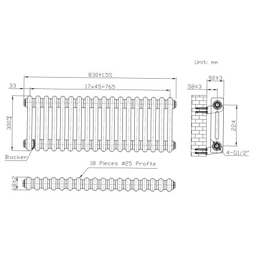 Traditional 2 Column Radiator - 300 x 830mm - Raw Metal