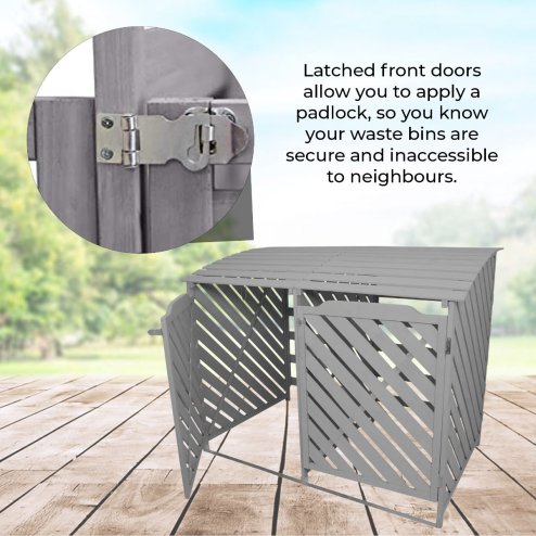 Double Wheelie Bin Storage Shed Wooden Dustbin Store Cupboard Outdoor Grey Wash Timber Cover Lockable Latched Recycling Garden