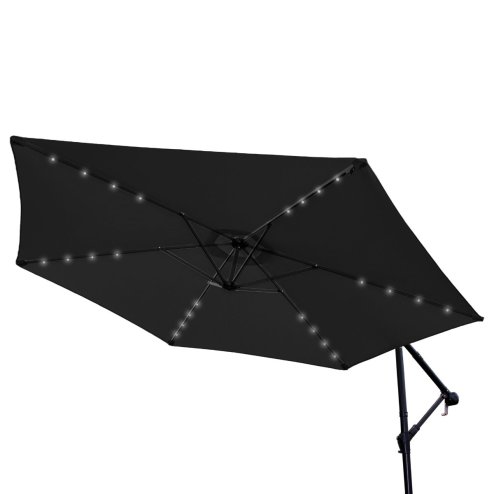 Grey LED Cantilever Parasol 3m Banana Hanging Umbrella Garden Sun Shade Canopy Patio Outdoor 360 Rotation Tilt UV Protection Winding Crank 24 Solar Powered Cool White LED Lights Waterproof Rain Cover