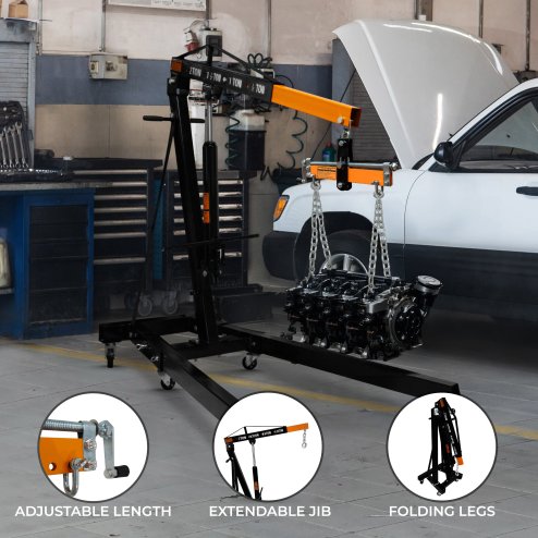 Engine Crane 2 Tonne 2000kg & Load Leveller Hoist 900kg Balancer Support Beam Dual Hooks Chain Hydraulic Pump Handle Folding Legs Lift Jack Stand Portable Workshop Garage 4 JIB Positions Automotive