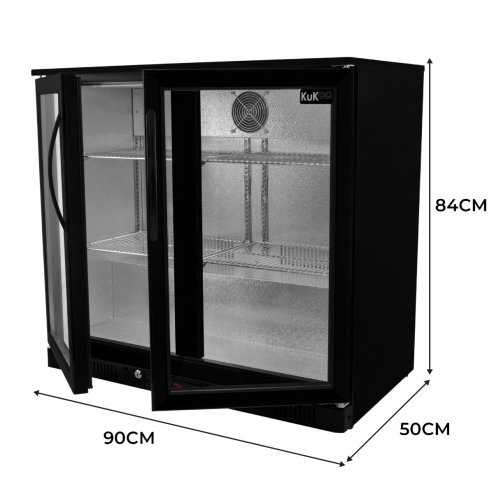 Back Bar Fridge Cooler 208L Capacity Commercial Hinged Double Door Under Counter Black Chiller Self Closing 112 x 500ml Bottles Beer Wine 4 Adjustable Shelves Colour Changing LED Light 7 Colours