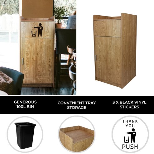 Wooden Litter Bin & Tray Stand Light Oak Finish Commercial Restaurant Food Hall Takeaway Cafe Waste Bin Enclosure Cabinet Swing Door Melamine MDF FREE 100L Rubbish Bin FREE Black Vinyl Stickers