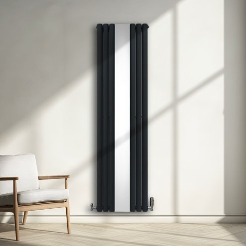 Oval Panel Radiator With Mirror 1800mm x 500mm & TRV Chrome Valves Designer Double Column Vertical Anthracite Grey Carbon Steel Wall Mounted Kitchen Living Room Cleaning Brush Fixing Kit & Brackets