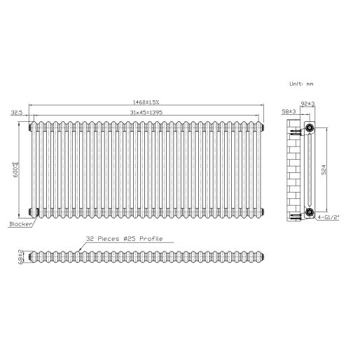 Traditional 2 Column Radiator - 600 x 1460mm - Raw Metal